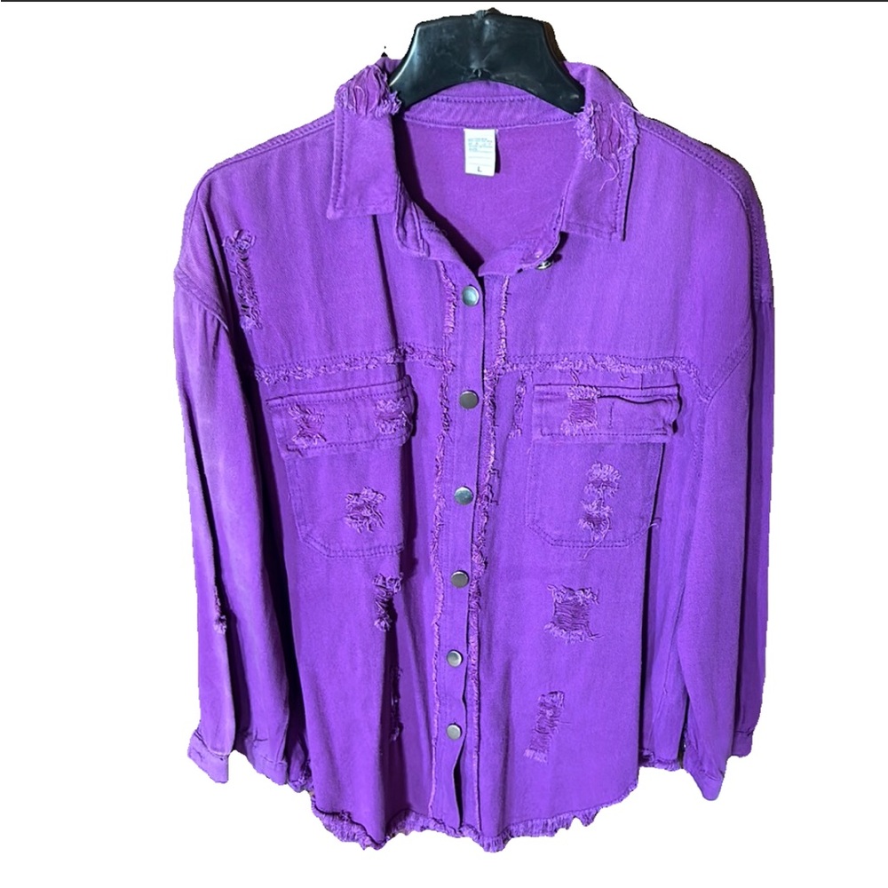 Women's Large Purple Distressed Denim Button-Up Shacket Jacket Shirt Boutique